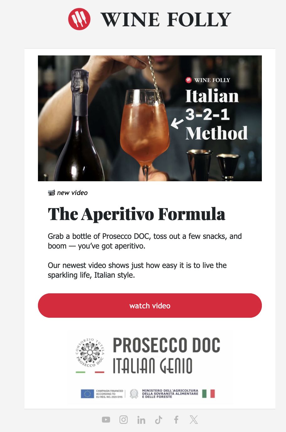 Wine Folly email for 'The Aperitivo Formula,' the top-performing send in the series. Hero image of a bartender stirring a Prosecco spritz with the Italian 3-2-1 Method overlay, followed by a 'watch video' CTA and the Prosecco DOC Italian Genio lockup.